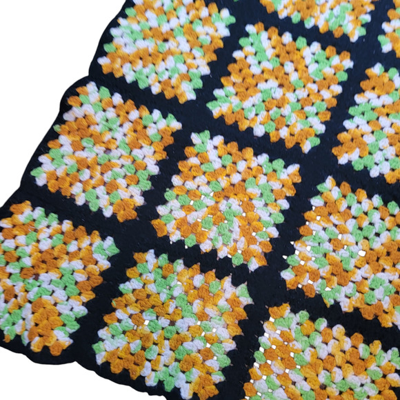 Granny Square Afghan Blanket Black Gold Lime Green White Throw 52"x45" - Picture 5 of 6
